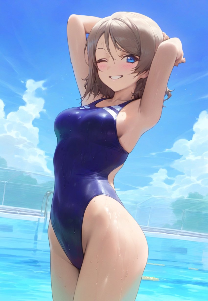 ai_generated ass blue_eyes breasts brown_hair competition_swimsuit female love_live! love_live!_sunshine!! one-piece_swimsuit short_hair swimsuit thighs watanabe_you wet