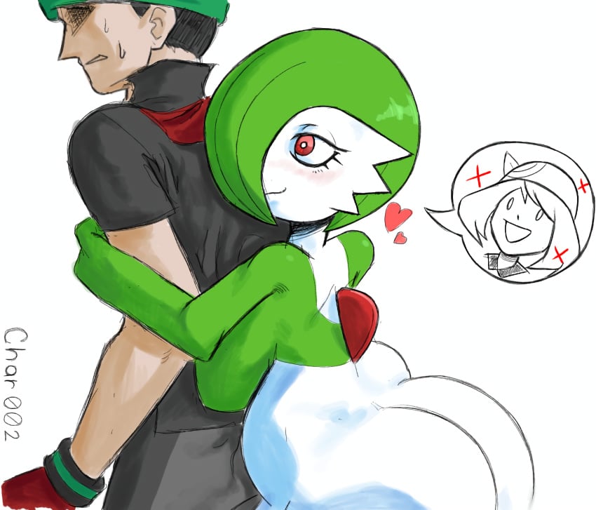 2024 anthro ass big_butt black_bottomwear black_clothing black_hair black_pants black_shirt black_topwear blush bodily_fluids bottomwear bracelet breasts brendan_(pokemon) brendan_(pokemon_emerald) char002 clothing digital_drawing_(artwork) digital_media_(artwork) duo female gardevoir generation_3_pokemon gloves green_body green_hair green_kerchief hair hair_over_eye handwear heart_symbol hi_res hug hugging_another hugging_from_behind human jewelry kerchief male mammal may_(pokemon) nintendo pants pokemon pokemon_(species) pokemon_rse rear_view red_clothing red_gloves red_handwear shirt size_difference smile speech_bubble sweat tagme topwear white_body white_skin