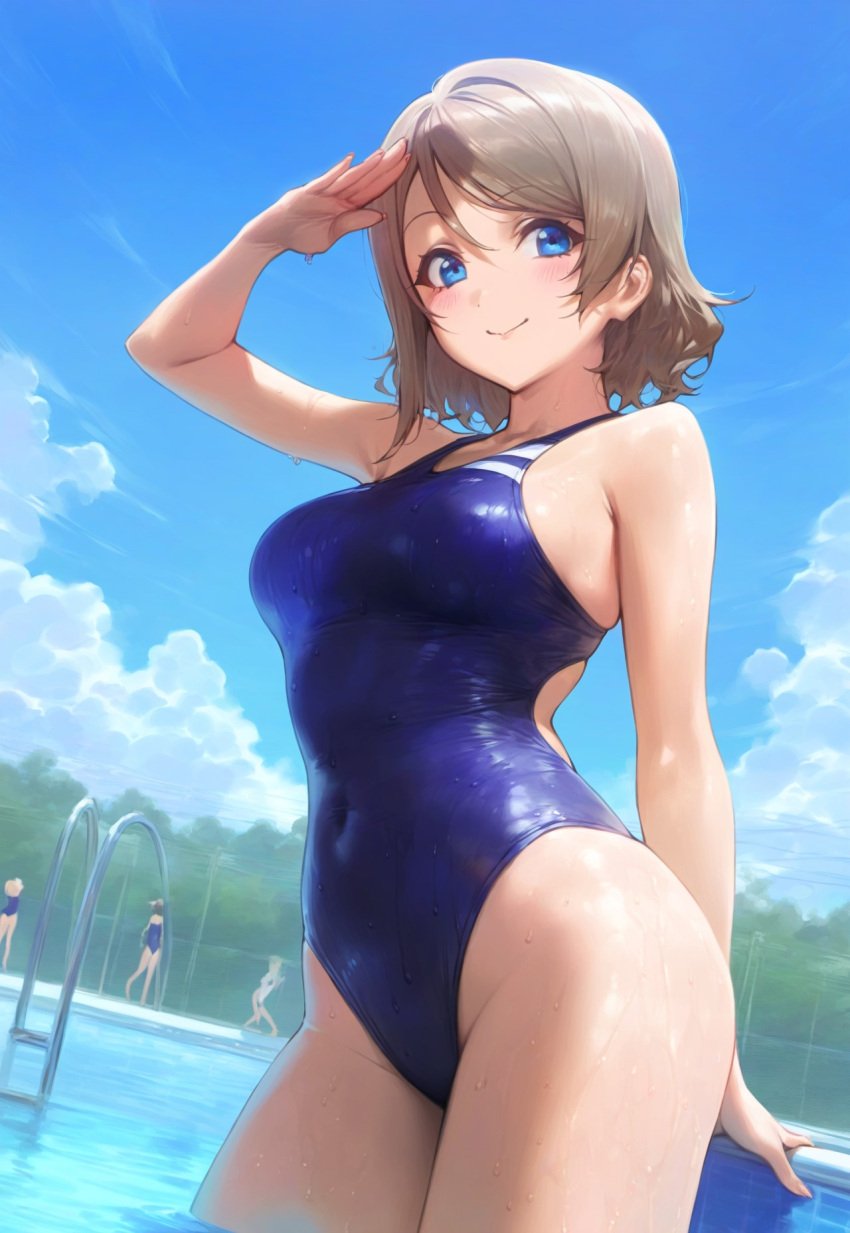 ai_generated ass blue_eyes breasts brown_hair competition_swimsuit female love_live! love_live!_sunshine!! one-piece_swimsuit short_hair swimsuit thighs watanabe_you wet