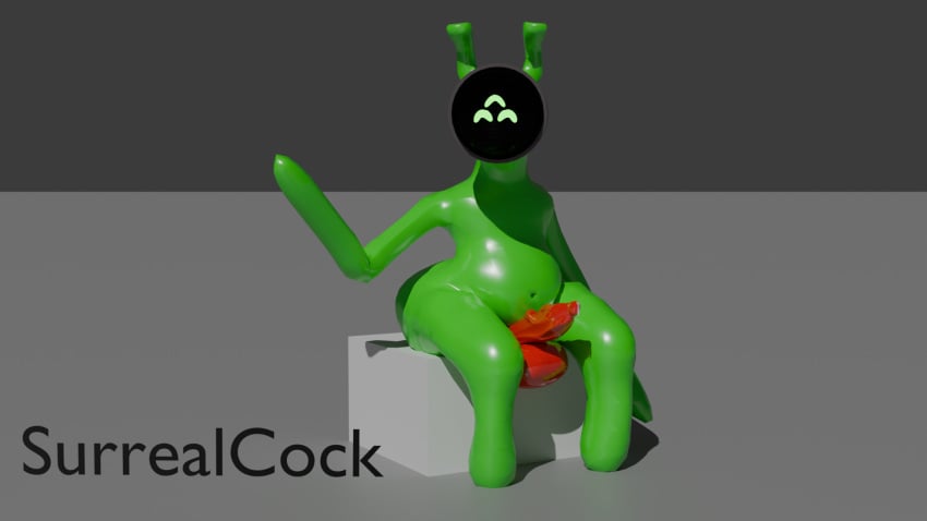 1boy 1boys 1femboy 3_eyes alien_boy balls cum cumming femboy green_skin hyper_balls penis red_genitals sitting sitting_down surrealcock unaware