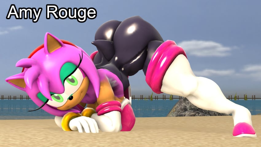 3d amy_rose amy_the_bat anus big_breasts bluewyvern bodysuit breasts bubble_butt clothed_female cosplay female female_only horny_female jack-o_pose neckline rouge_the_bat_(cosplay) sonic_(series) spandex_suit