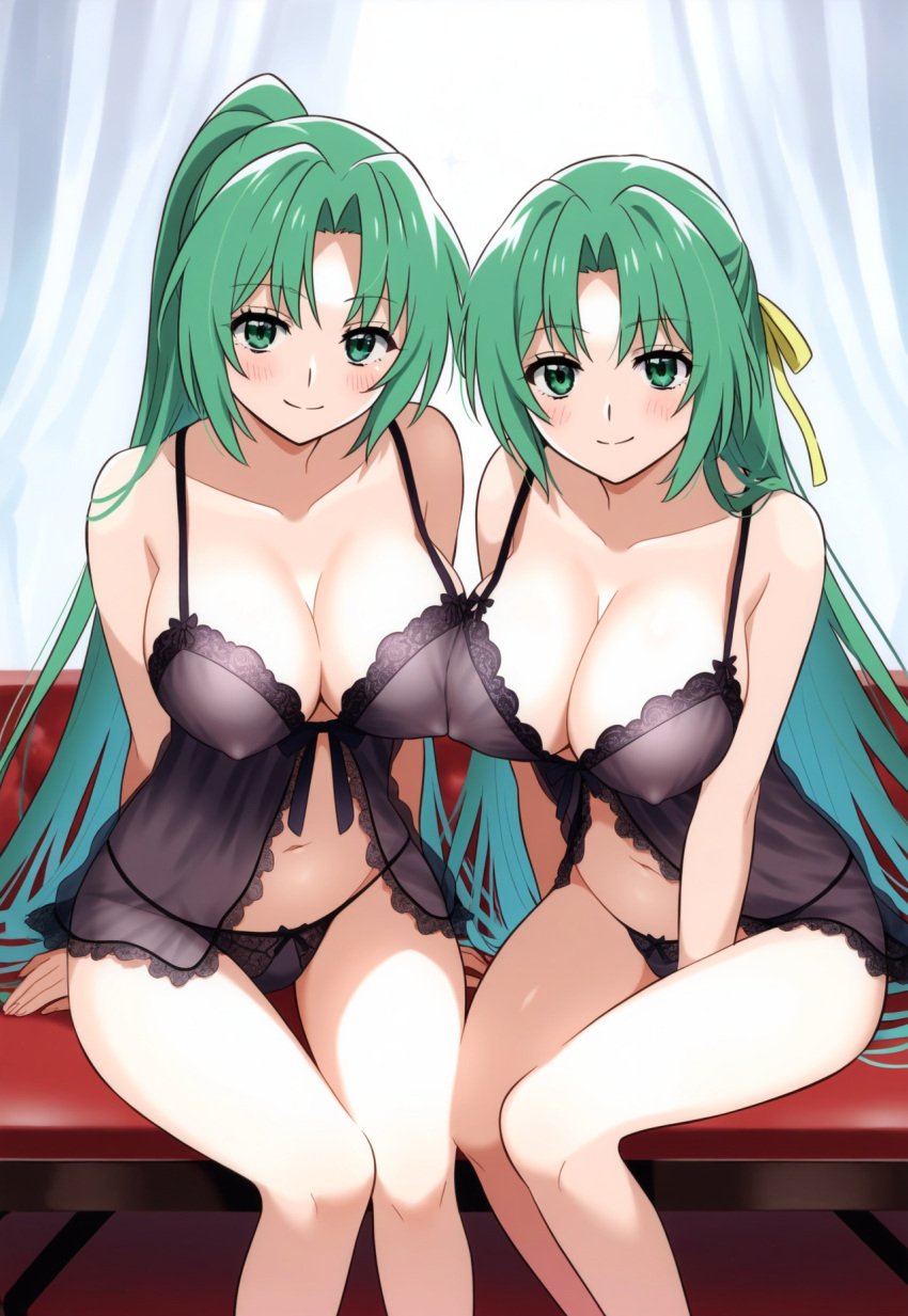 07th_expansion 2girls ai_generated babydoll bangs bare_shoulders between_legs black_panties blush breasts cleavage closed_mouth collarbone covered_nipples curtained_hair female female_only green_eyes green_hair hair_ribbon half_updo hand_between_legs higurashi_no_naku_koro_ni large_breasts lingerie long_hair looking_at_viewer milua mion_sonozaki multiple_girls navel novelai panties parted_bangs ponytail ribbon see-through self_upload shion_sonozaki siblings sisters sitting smile thighs twins underwear underwear_only very_long_hair yellow_ribbon