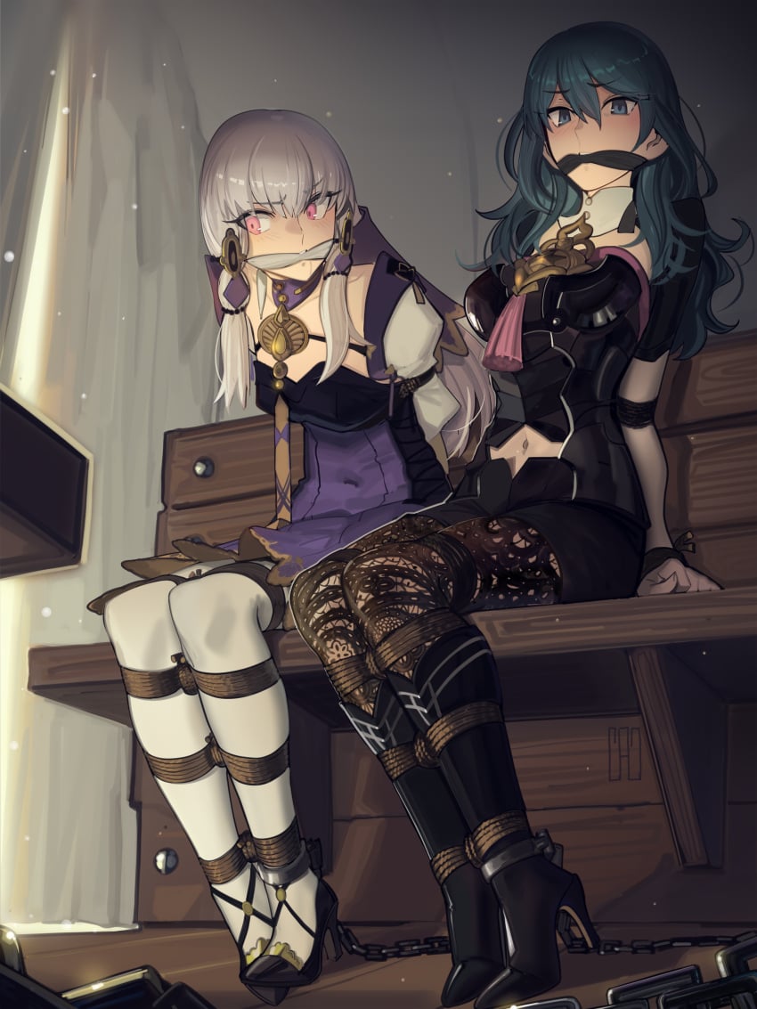 2girls blue_eyes bondage bound byleth_(fire_emblem) byleth_(fire_emblem)_(female) cad_(caddo) captured chained chains female female_only femsub fire_emblem fire_emblem:_three_houses gag gagged heel_sandals heels kidnapped lysithea_von_ordelia multiple_girls multiple_subs nintendo prisoner purple_eyes restrained restraints rope rope_bondage sitting tape_gag teal_hair tied tied_up white_hair