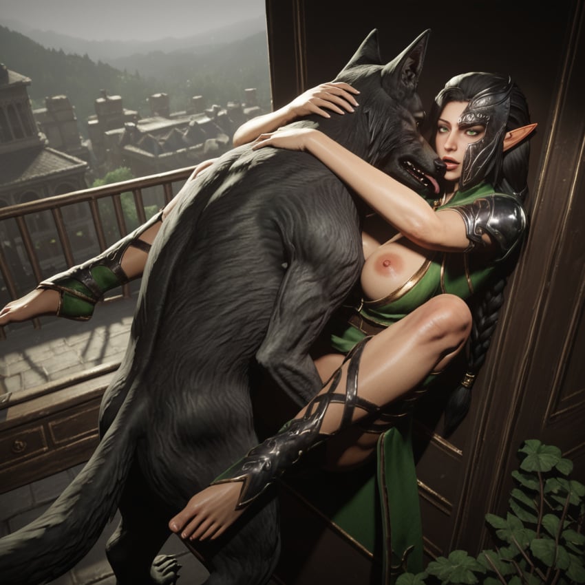 ai_generated black_hair canine elf elf_ears embrace exposed_breasts green_eyes large_breasts legs_spread missionary_position naestra pony_diffusion_xl warhammer_(franchise) warhammer_fantasy wolf wood_elf wood_elf_(warhammer) zoophilia