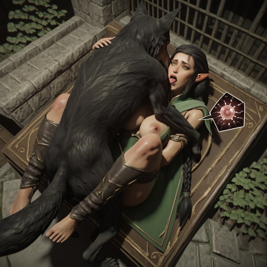 ai_generated black_hair canine elf elf_ears embrace exposed_breasts green_eyes impregnation large_breasts legs_spread missionary_position naestra pony_diffusion_xl warhammer_(franchise) warhammer_fantasy wolf wood_elf wood_elf_(warhammer) zoophilia