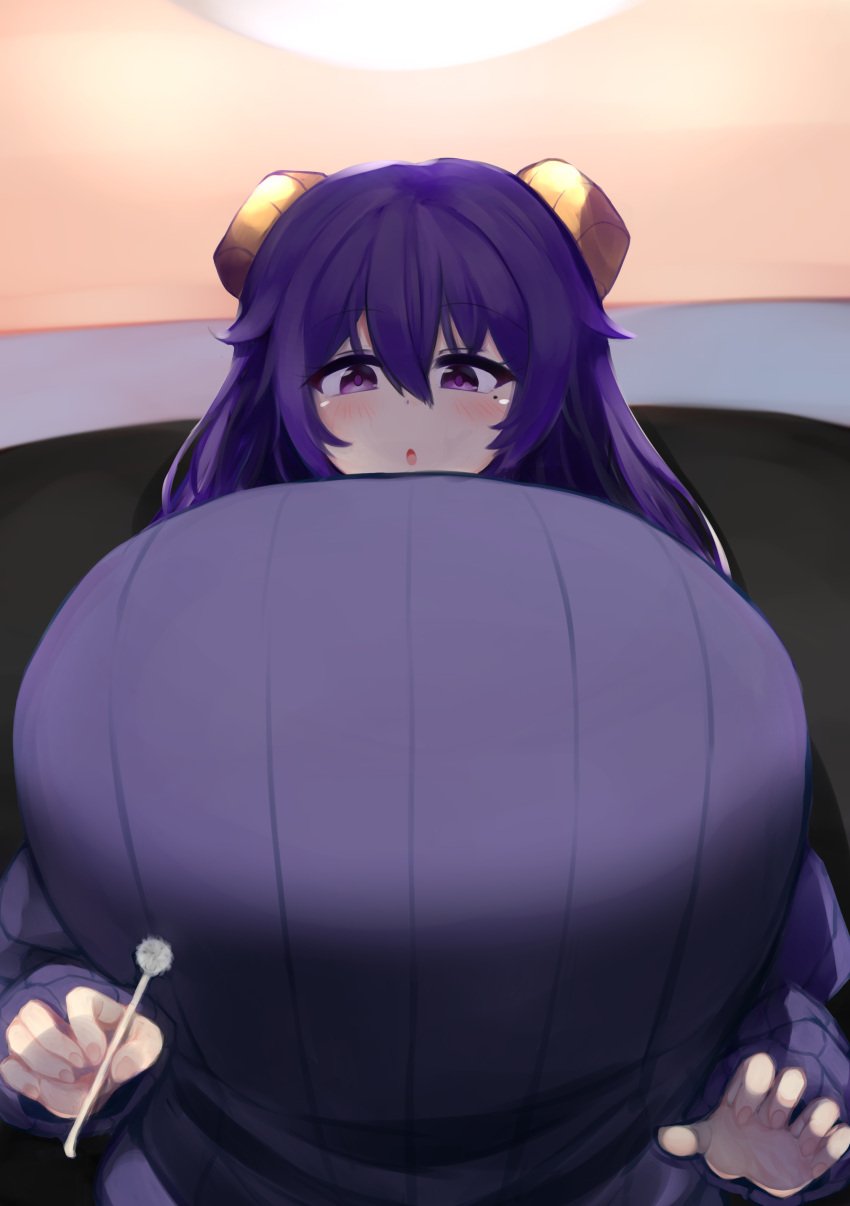 1girls artist_request big_breasts breasts demon demon_girl demon_horns gigantic_breasts hi_res highres huge_breasts large_breasts looking_at_viewer looking_down mel_(shiro) open_mouth pov purple_eyes purple_hair ribbed_sweater succubus sweater