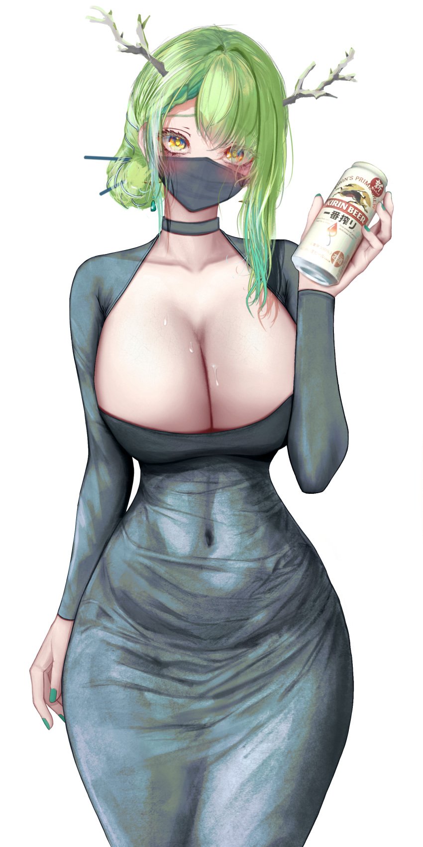 absurdres alcohol beer beer_can bow_(weapon) braid braided_bangs breasts can ceres_fauna choker cleavage collarbone covered_navel dress drink_can female green_choker green_dress green_eyes green_mask green_nails hair_bun hair_ornament hair_stick hand_up heart heart-shaped_pupils highres holding holding_bow_(weapon) holding_can holding_weapon hololive hololive_english hololive_english_-council- hololive_english_-promise- huge_breasts kirin_(company) long_hair long_sleeves mask mouth_mask multicolored_hair nail_polish sidelocks simple_background single_braid single_hair_bun soju_ice solo streaked_hair sweat symbol-shaped_pupils taut_clothes taut_dress virtual_youtuber weapon white_background white_hair