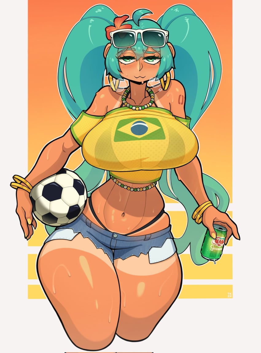 1girls ass big_ass big_breasts big_thighs brazil brazilian brazilian_female brazilian_miku breasts butt cyan_eyes cyan_hair female female_only gigantic_breasts gigantic_thighs hatsune_miku huge_ass huge_breasts huge_thighs latin_american_hatsune_miku_(meme) long_hair looking_at_viewer shirt shorts solo sweat sweatdrop sweating tagme takyzen tan tan_body thick_hips thick_thighs thighs thong twintails vocaloid yellow_shirt