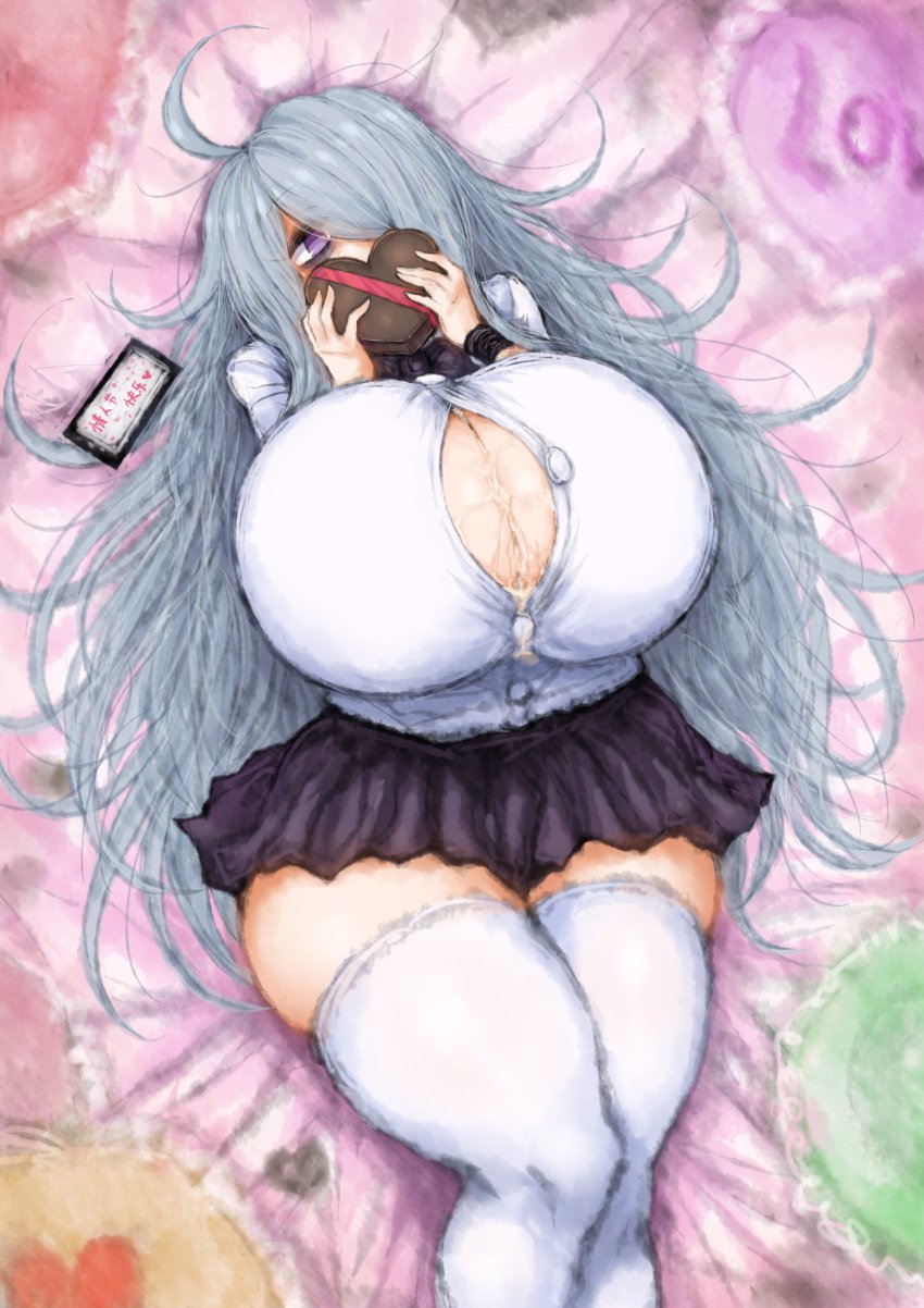 1girls 2b213 after_paizuri big_breasts black_eyes blue_hair breasts breasts_bigger_than_head chocolate cum cum_between_breasts cum_drip cum_inside gigantic_breasts hair_over_one_eye hi_res highres holding_object huge_breasts large_breasts legs_together long_hair looking_at_viewer mei_(2b213) messy_hair on_back on_bed open_clothes open_shirt pleated_skirt purple_eyes school_uniform shy stockings thick_thighs valentine's_day white_shirt