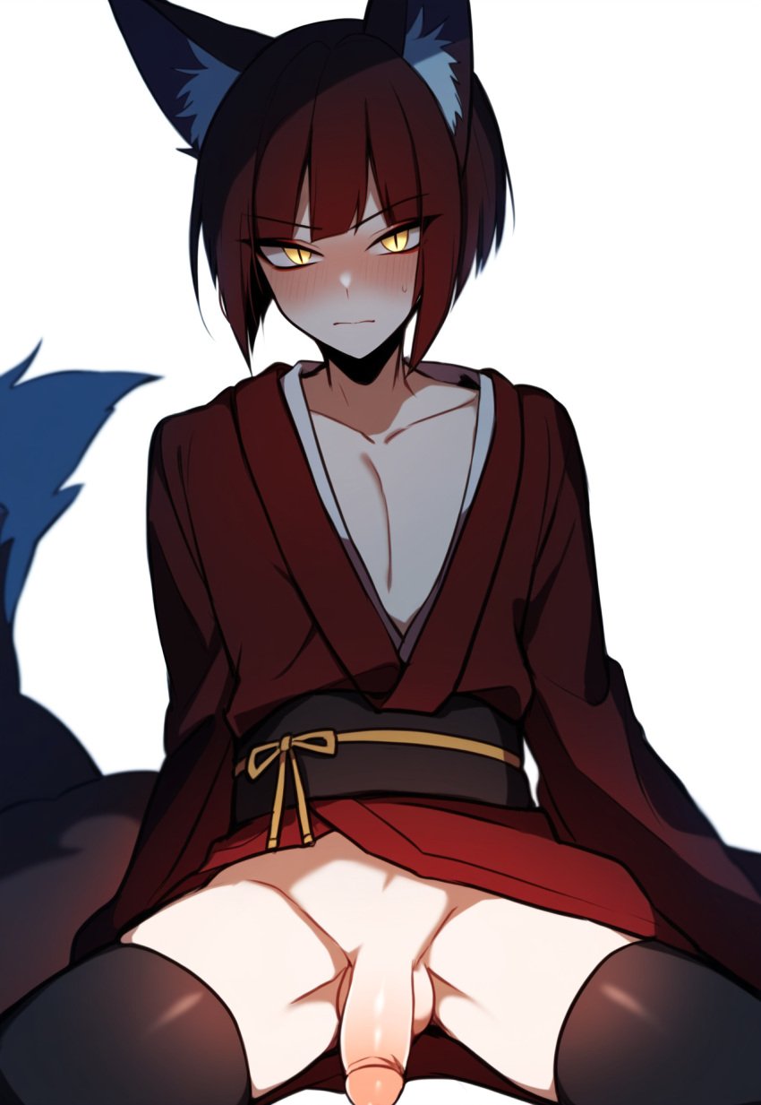 1boy ai_generated animal_ear_fluff animal_ears bangs bishounen black_thighhighs blunt_bangs blush closed_mouth collarbone embarrassed flaccid foreskin fox_boy fox_ears fox_tail japanese_clothes kimono long_sleeves looking_at_viewer male male_focus male_only milua no_male_underwear nose_blush novelai obi original original_character penis red_hair red_kimono sash self_upload short_hair simple_background sitting slit_pupils solo solo_male spread_legs sweat tail testicles thighhighs tsurime uncensored white_background wide_sleeves yellow_eyes