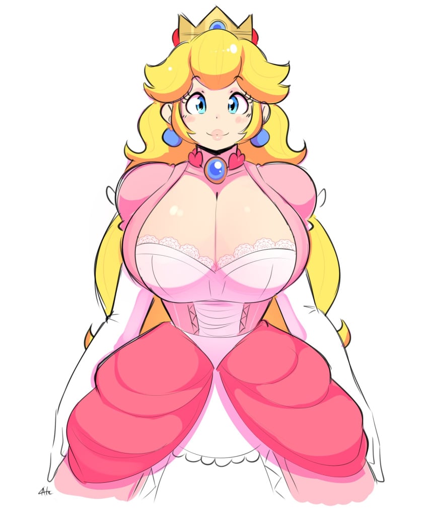 1girls big_boobs big_breasts blonde_hair blue_eyes boobs boobs_bigger_than_head breasts breasts_bigger_than_head cleavage crown dress earrings elbow_gloves gloves jewelry lace lace_bra mario_(series) necklace princess_peach sketch smiling_at_viewer solo super_mario_bros. theycallhimcake underwear white_bra