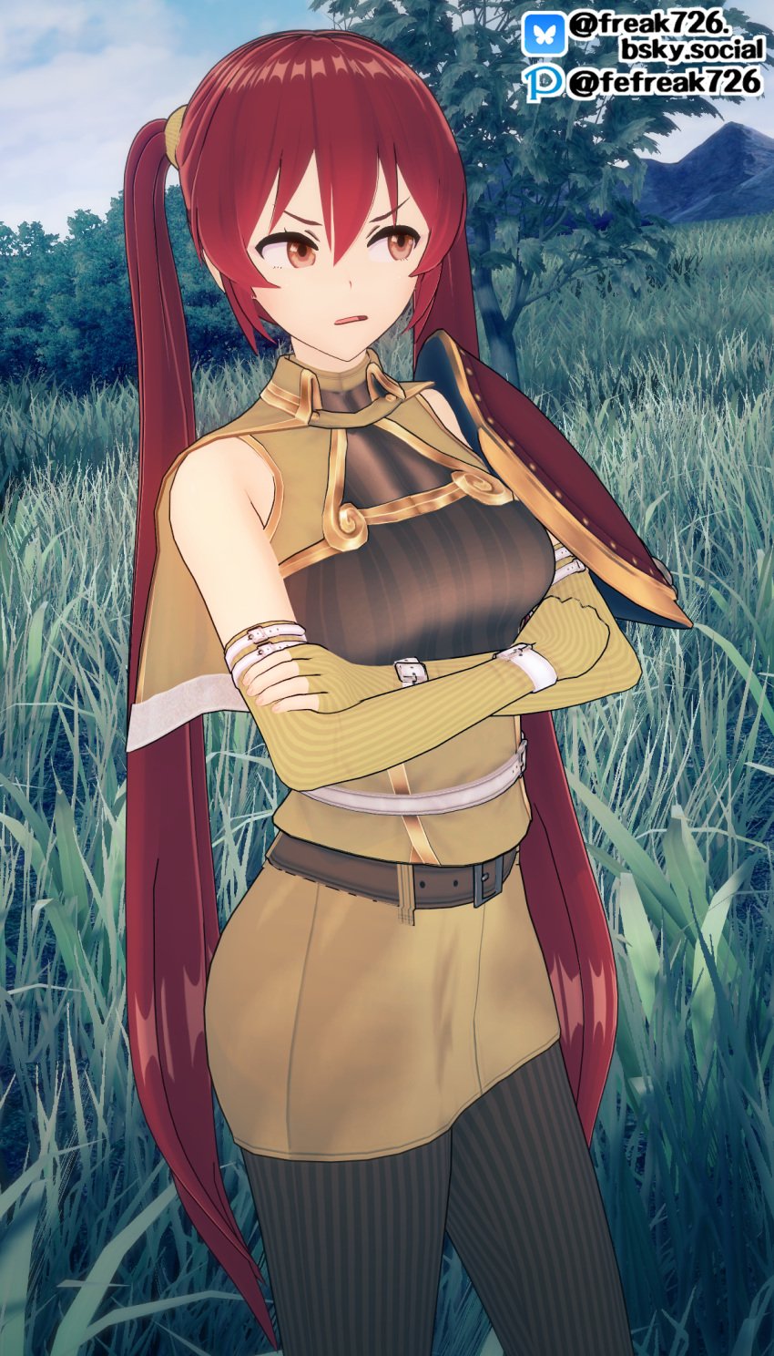 1girls 3d angry annoyed arms_crossed breasts brown_eyes crossed_arms elbow_gloves fefreak726 female female_only fingerless_gloves fire_emblem fire_emblem_awakening gloves koikatsu long_hair looking_away nintendo outdoors red_eyes red_hair remake severa_(fire_emblem) small_breasts solo twintails very_long_hair