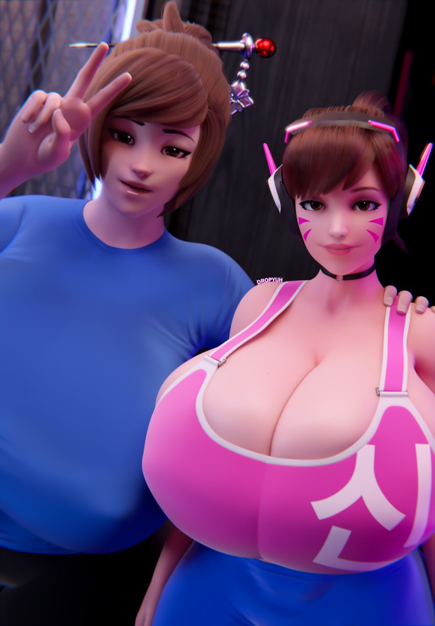 2girls alternate_breast_size big_breasts blizzard_entertainment breasts_bigger_than_head brown_eyes brown_hair d.va dropyuh_(artist) exposed_breasts female female_focus gigantic_breasts hana_song huge_breasts human human_only hyper hyper_breasts korean long_hair massive_breasts mei_(overwatch) naked nipples overwatch overwatch_2 tagme top_heavy upper_body waist wide_hips