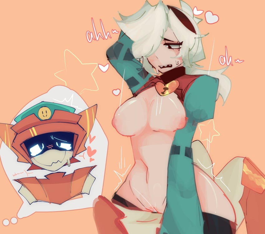 bow brawl_stars breasts colette_(brawl_stars) female_on_top larry_(brawl_stars) looking_pleasured nipples partially_clothed pussy riding robot_humanoid sharp_teeth shaved_pussy supercell vaginal_penetration white_hair wholesome wholesome_sex wikomybubu