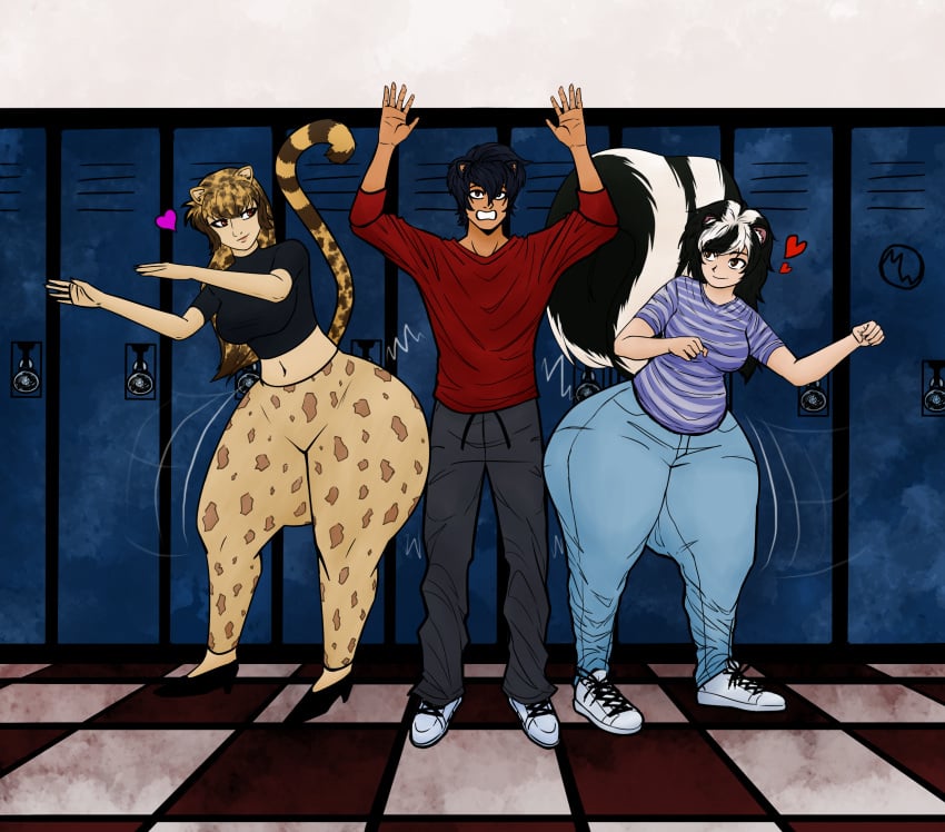 1boy 2girls bear_boy cheetah_girl hip_check huge_ass jeans leggings leopard_print lockers mecha-windom skunk_girl wide_hips