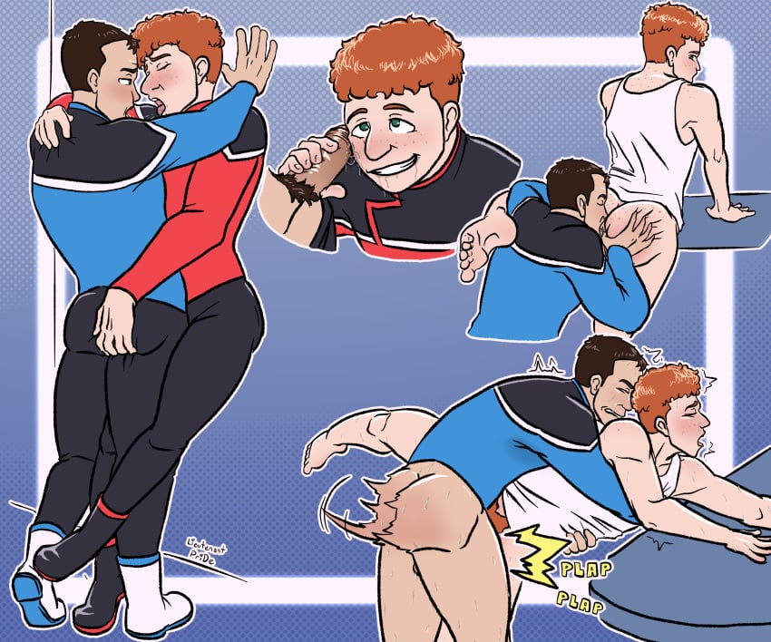 2boys anilingus ass_grab bottomless brown_hair drool fellatio freckles gay kissing lewdt_pride male/male orange_hair receding_hairline star_trek star_trek_lower_decks starfleet_uniform undershirt uniform unnamed_character