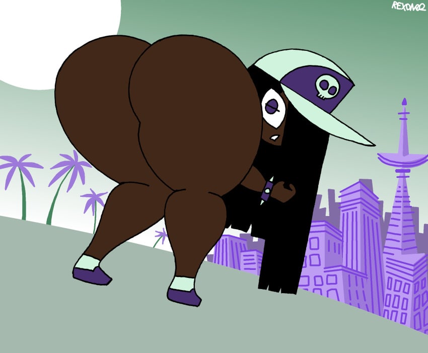 african african_female b4ss_(rexon02) bent bent_over blush city city_background cityscape dark-skinned_female dark_skin embarrassed_female embarrassed_nude_female fat_ass gigantic_ass goth goth_girl huge_ass huge_butt huge_thighs looking_at_viewer looking_back massive_ass public public_nudity rexon02 thick_thighs