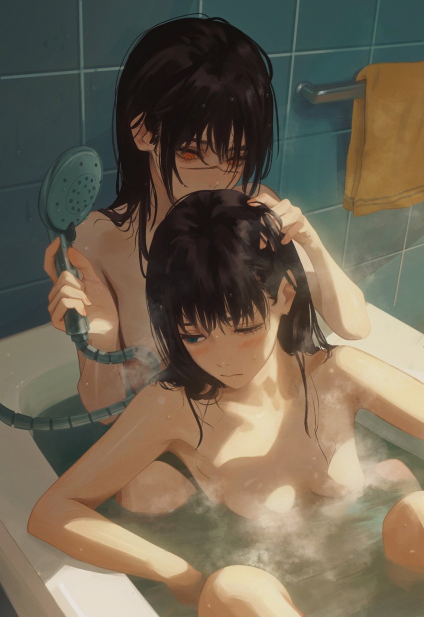 2girls bath blue_eyes blush chainsaw_man completely_nude holding_head mitaka_asa red_eyes scar shower steam sweat tagme towel yoru_(chainsaw_man)