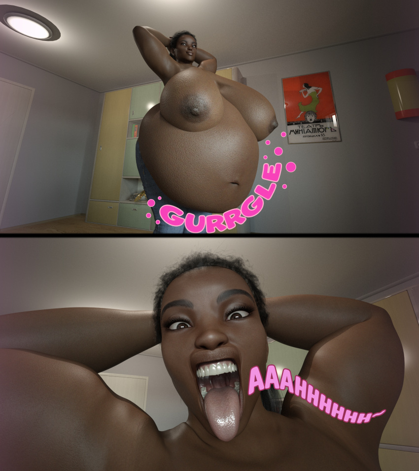 3d belly big_belly big_breasts bleahboy breasts dark-skinned_female dark_skin female female_pred huge_belly huge_breasts imminent_vore nipples open_mouth stomach_noises tongue tongue_out vore