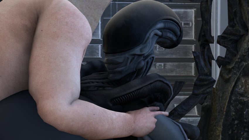 1boy 1boy1futa 1futa 3d alien alien_(franchise) alien_futanari bag_over_head big_breasts breasts breasts close-up cowgirl_position futa_on_male futanari human light-skinned_male male overweight overweight_male rayhuma xenomorph