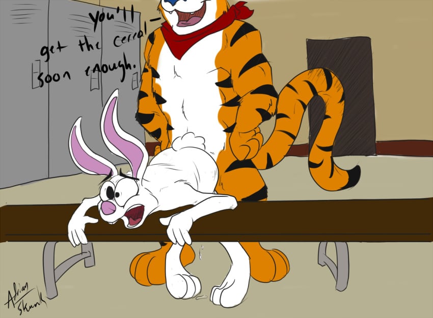 adrian_skunk anal anal_sex anthro bunny crossover duo feline furry interspecies kellogg's lagomorph locker_room male mammal penetration rabbit skunkjunkie tiger tony_the_tiger trix_rabbit yaoi