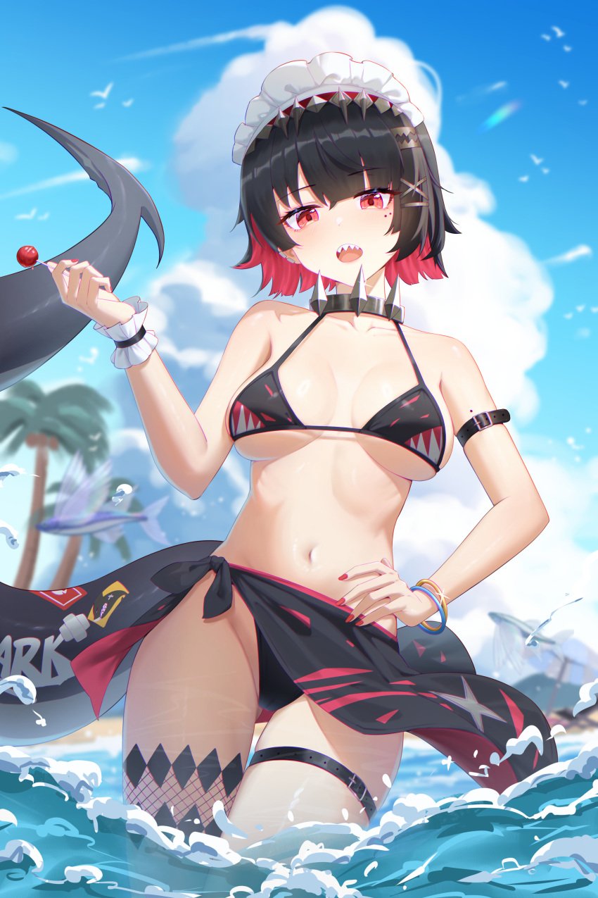 absurdres bare_shoulders bikini black_bikini black_choker black_hair black_sarong blue_sky breasts candy choker colored_inner_hair ellen_joe fins fish_tail food highres holding holding_candy holding_food holding_lollipop large_breasts lollipop looking_at_viewer maid_headdress multicolored_hair navel open_mouth partially_submerged red_eyes red_hair red_nails sarong shark_girl shark_tail shark_tooth short_hair sky stomach summer swimsuit tail thigh_strap thighs two-tone_hair zenless_zone_zero