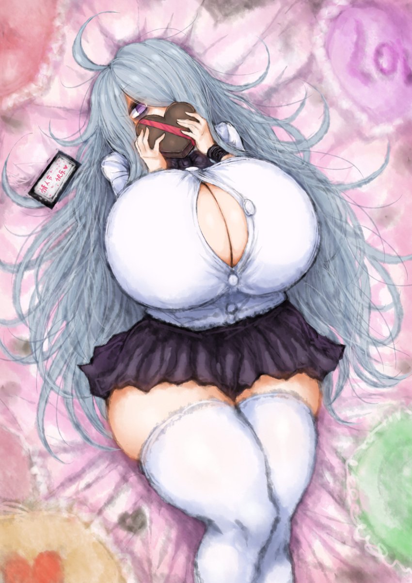 1girls 2b213 big_breasts black_eyes blue_hair breasts breasts_bigger_than_head chocolate gigantic_breasts hair_over_one_eye hi_res highres holding_object huge_breasts large_breasts legs_together long_hair looking_at_viewer mei_(2b213) messy_hair on_back on_bed open_clothes open_shirt pleated_skirt purple_eyes school_uniform shy stockings thick_thighs valentine's_day white_shirt