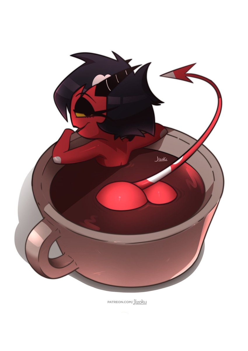 1girls ass ass ass_focus bare_arms bare_legs bare_shoulders bare_thighs bath big_ass big_butt black_hair coffee coffee_mug color demon demon_girl demon_horns demon_tail female female_focus female_only helluva_boss hi_res imp jizoku looking_at_viewer looking_back millie_(helluva_boss) red_body red_skin short_hair solo solo_female tagme thick_thighs