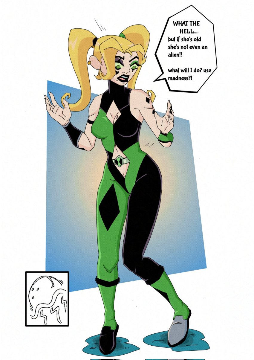 1female ben_10 ben_tennyson black_makeup blonde_female blonde_hair blonde_hair_female boob_window breasts cleavage dc dc_comics female gender_transformation genderswap_(mtf) gotham_city_sirens gotham_girls green_eyes green_makeup harleen_quinzel harley_quinn jmermelade omnitrix