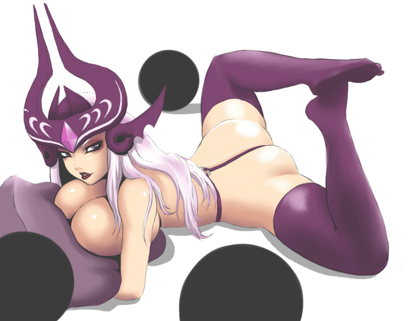 ass breast_press breasts cleavage energy_ball eyelashes feet female forehead_protector large_breasts league_of_legends looking_at_viewer lying maineim naughty_face on_stomach parted_lips pillow purple_eyes purple_legwear silver_hair simple_background solo syndra thighhighs thong topless white_background