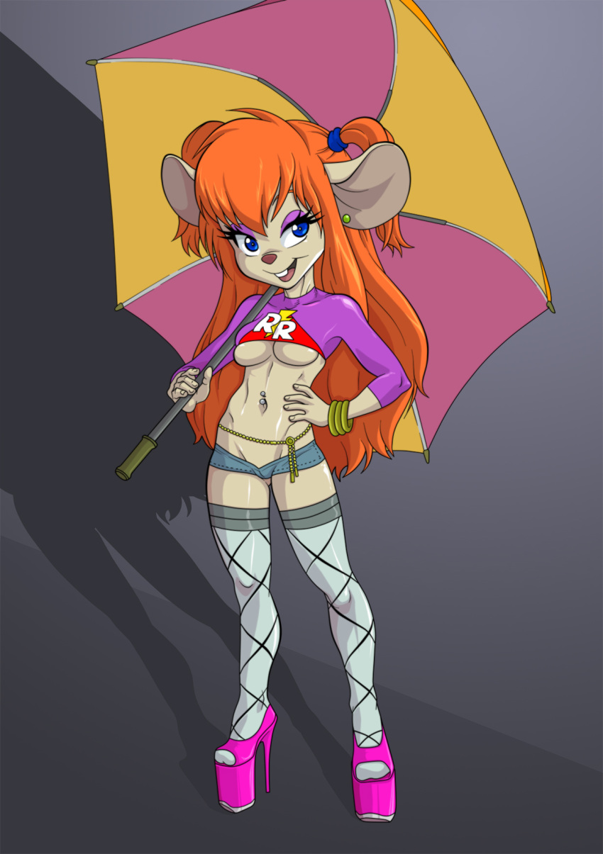 1girls anthro anthrofied blue_eyes chip_'n_dale_rescue_rangers disney female fishnet_stockings gadget_hackwrench half-shirt high_heels open_toe_shoes orange_hair piercings platform_heels prostitute solo stockings tekuho umbrella underboob wildfirestudio