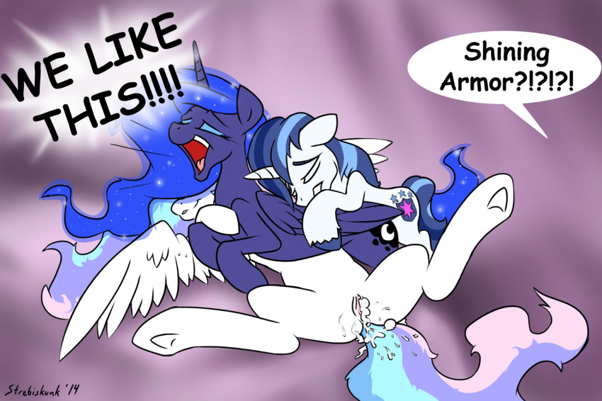 2014 alicorn blue_hair cum cum_in_pussy cum_inside cutie_mark english_text equine female feral friendship_is_magic fur group group_sex hair horn larger_female long_hair male mammal multicolored_hair my_little_pony open_mouth orgasm penetration princess_celestia_(mlp) princess_luna_(mlp) pussy sex shining_armor_(mlp) size_difference smaller_male straight strebiskunk text threesome tongue unicorn white_fur wings