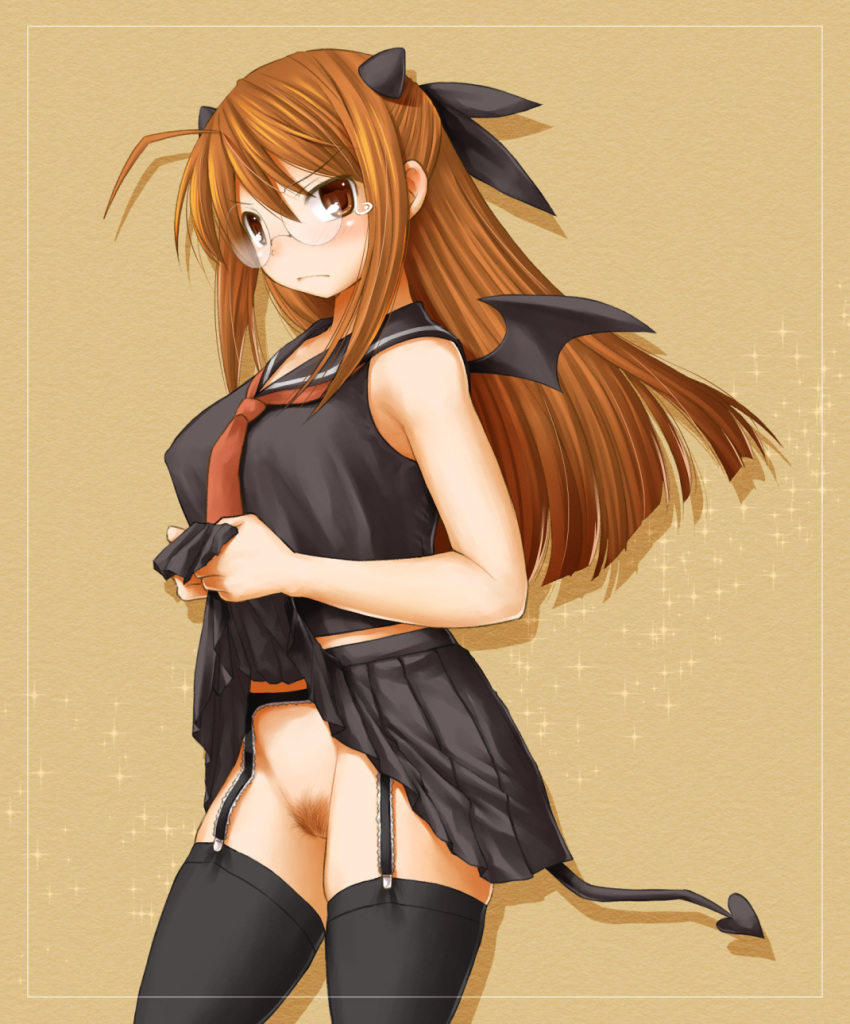 1girls ahoge bat_wings black_legwear breasts brown_eyes brown_hair clothing demon_tail erect_nipples female garter_belt garter_straps glasses hair_ribbon half_updo hasegawa_chisame highres horns kasuga_yukihito large_breasts lingerie mahou_sensei_negima! necktie no_panties pleated_skirt pubic_hair revision ribbon round_glasses school_uniform skirt skirt_lift small_wings solo standing stockings tail tears thighhighs uncensored underwear wings