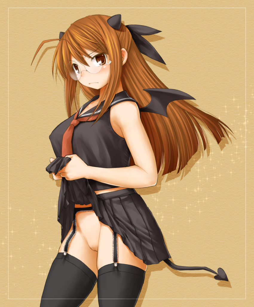 1girls ahoge bat_wings black_legwear breasts brown_eyes brown_hair clothing demon_tail erect_nipples female garter_belt garter_straps glasses hair_ribbon half_updo hasegawa_chisame highres horns kasuga_yukihito large_breasts lingerie mahou_sensei_negima! necktie no_panties pleated_skirt pussy revision ribbon round_glasses school_uniform skirt skirt_lift small_wings solo standing stockings tail tears thighhighs uncensored underwear wings