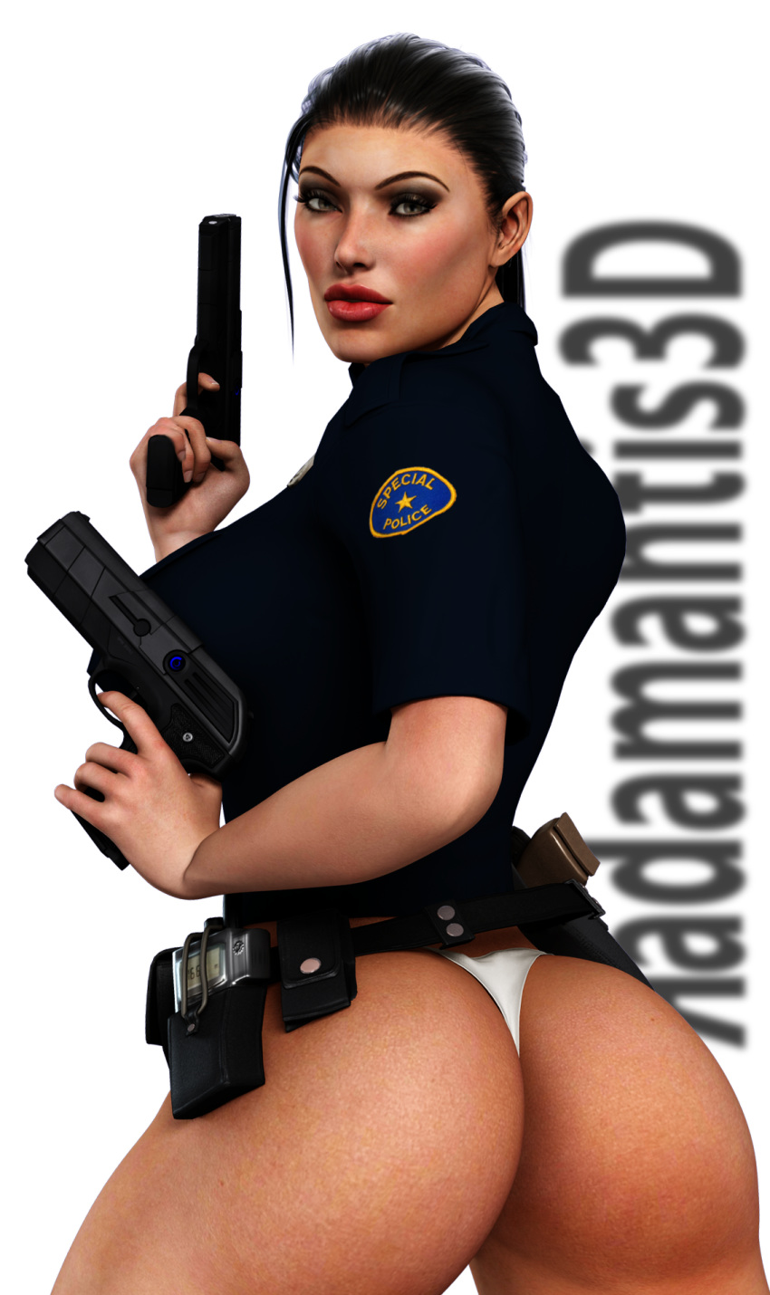 3d ass big_ass black_hair curvy dat_ass dual_wielding female from_behind gun highres holster looking_at_viewer looking_back police police_uniform pose radamantis3d simple_background solo thong weapon