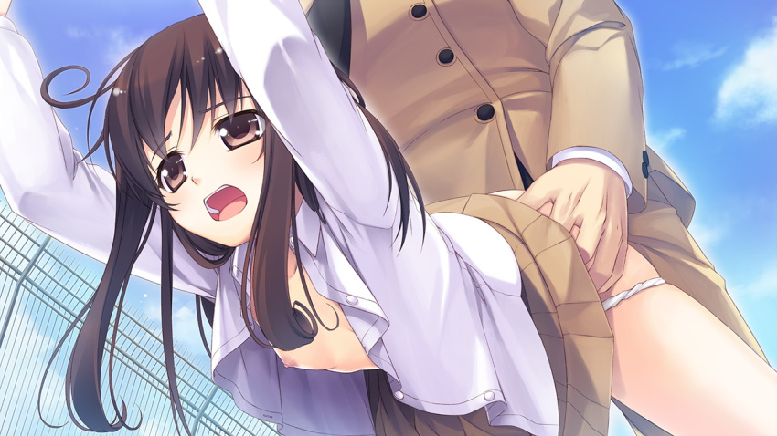 areolae ass_grab breasts brown_eyes brown_hair clouds female fence game_cg highres kazami_haruki legs long_hair looking_away nipples no_bra open_clothes open_mouth panties panty_pull satsukoi_yuukyuu_naru_koi_no_uta school_uniform sex skirt sky small_breasts thighs underwear vaginal_penetration