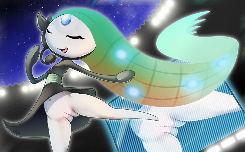 2014 b-ern bottomless closed_eyes dancing female green_hair hair long_hair meloetta monitor nintendo open_mouth pokemon pussy smile solo video_games