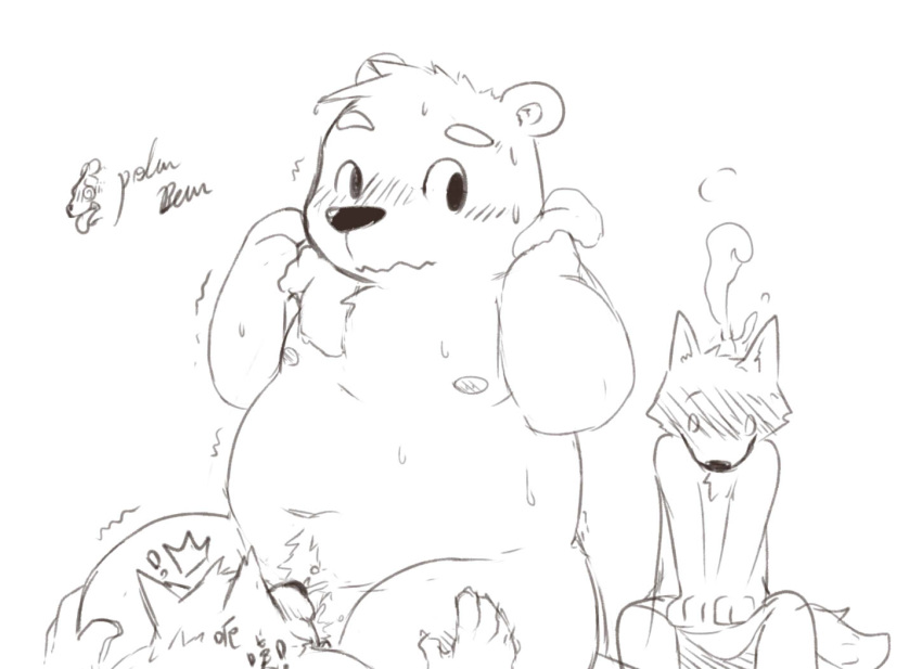 bear canine chubby eyebrows fellatio kemono male male_only mammal monochrome moobs nude oral oral_sex plain_background polar_bear sex sitting size_difference sketch stevenlew sweat towel trembling white_background