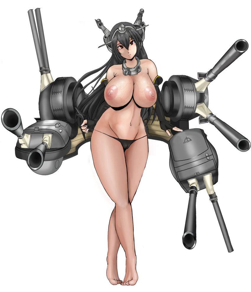 antennae areolae black_gloves black_hair black_panties breasts cameltoe cannon collar curvy elbow_gloves female fingerless_gloves gloves hair hair_ornament highres hitoya_hayai huge_breasts kantai_collection long_hair nagato_(kantai_collection) navel nipples panties red_eyes simple_background solo standing toes topless underwear veiny veiny_breasts weapon white_background