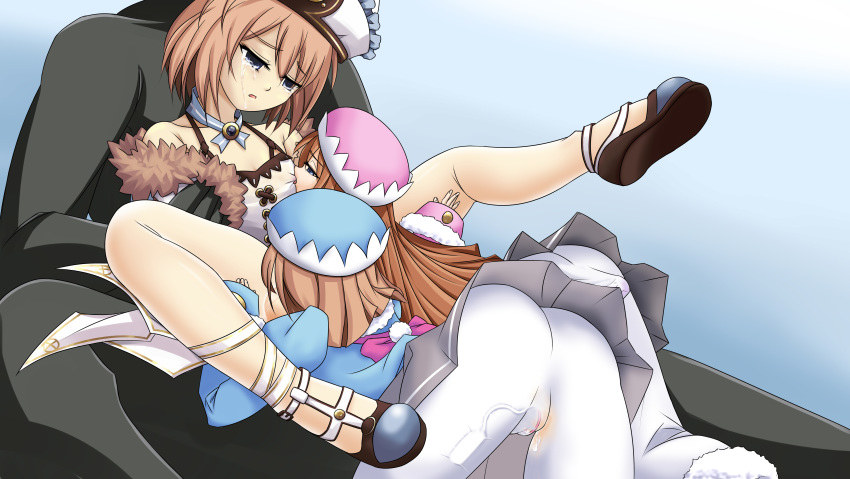 1boy 2014 3girls ass bare_shoulders blanc blue_eyes brown_hair cameltoe coat dark_skin dress female flat_chest hat incest long_hair multiple_girls neptunia_(series) open_mouth pantyhose parted_lips ram_(neptunia) rom_(neptunia) sacifer short_hair siblings sisters skirt tears twins vibrator white_legwear yuri