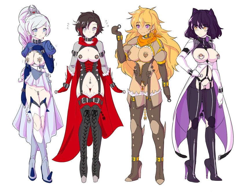 alternate_costume anal_beads armbinder ballet_boots bdsm_collar bdsm_gear bdsm_harness bdsm_outfit blake_belladonna bodysuit collar collared corset exposed_breasts exposed_pussy latex lumpychan navel_piercing nipple_piercing ruby_rose rwby weiss_schnee yang_xiao_long