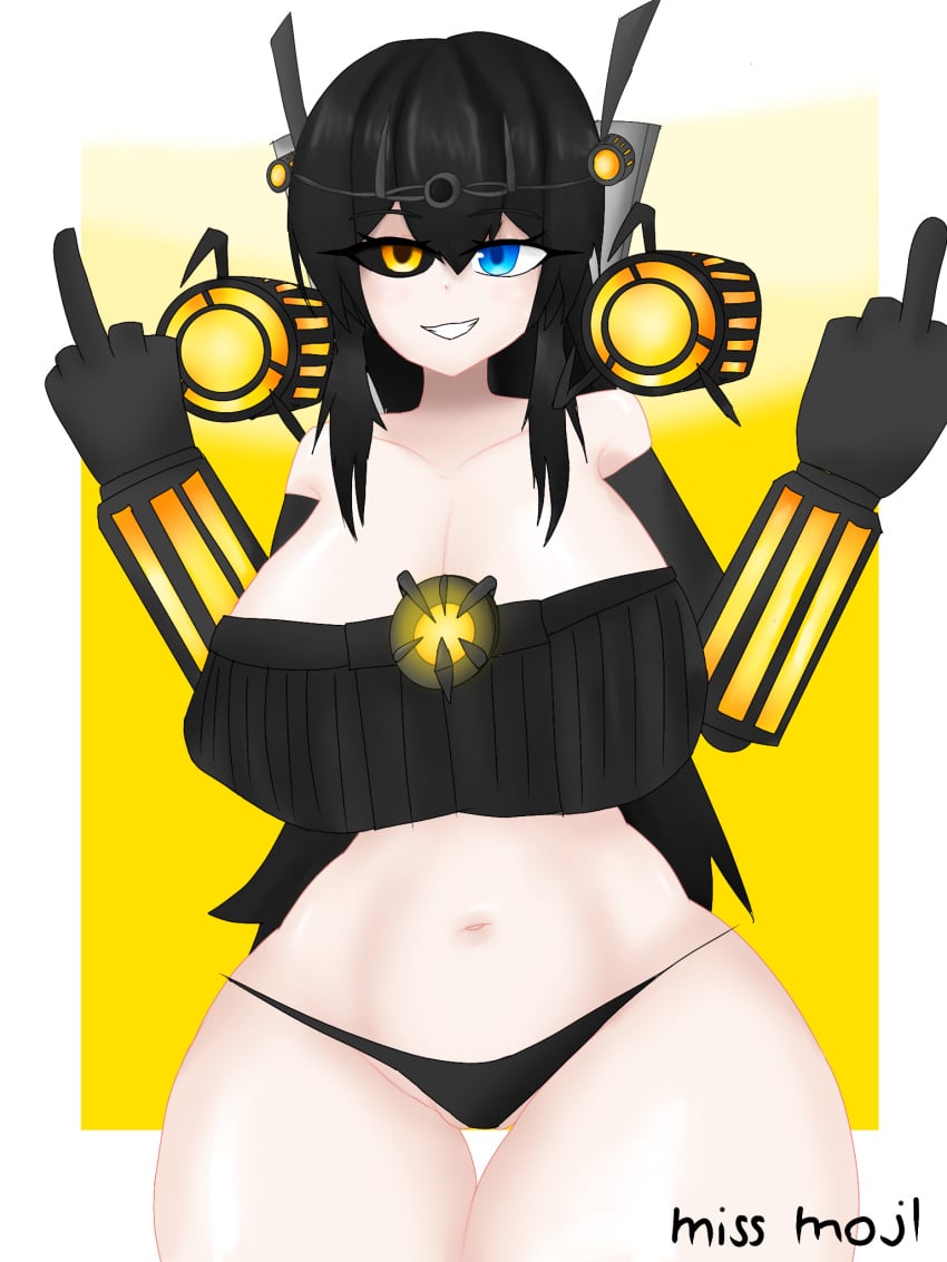 belly black_hair blue_eye breasts breasts_bigger_than_head cleavage core g-man g-toilet gravity_gun long_hair middle_finger miss_moji panties skibidi_toilet smug_smile thick_thighs toilet yellow_eye