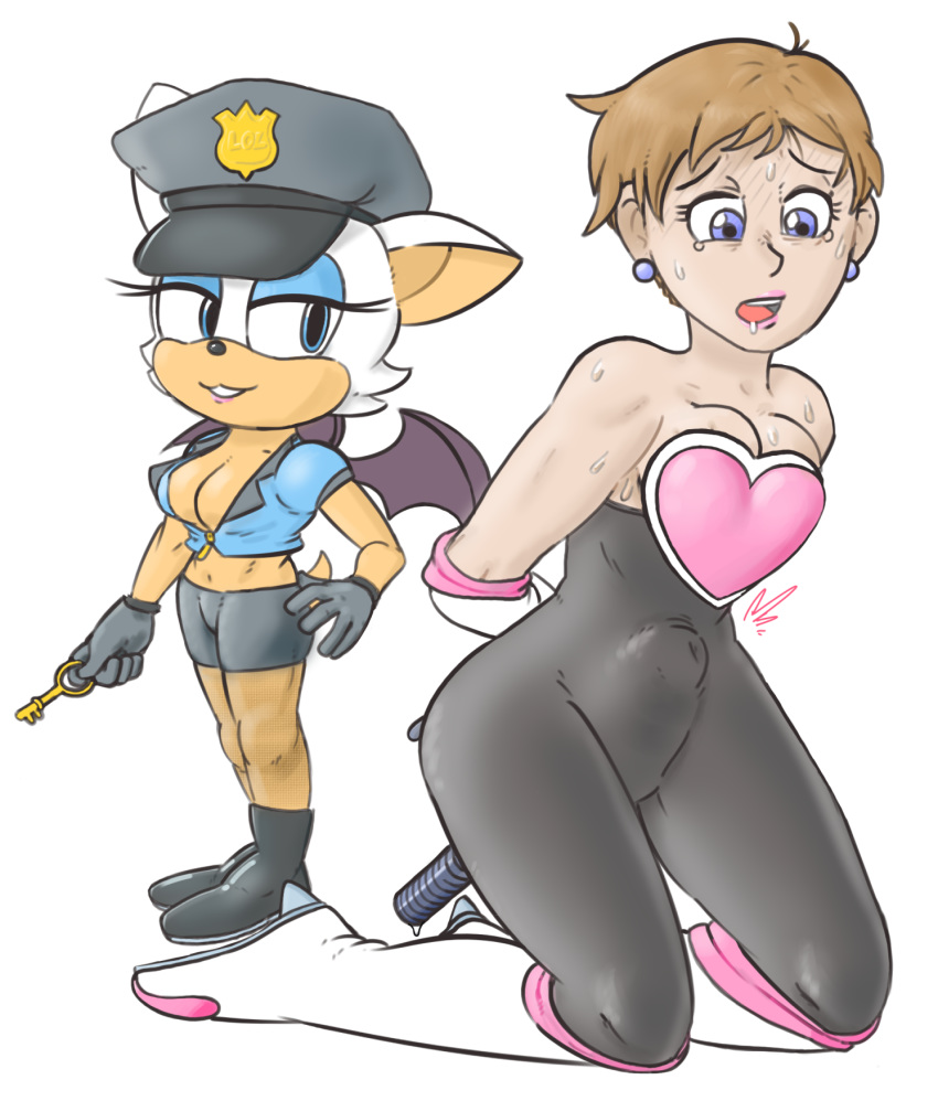 2girls bat baton blue_eyes breasts brown_hair cleavage clothed clothes clothes_swap cosplay costume_switch ear_piercing female female_only femdom gloves hair hat high_heels human insertion key lipstick mammal multiple_girls penetration piercing police rouge_the_bat rouge_the_bat_(cosplay) sega short_hair sonic_(series) sonic_x stomach_bulge sweat topaz_(sonic_the_hedgehog) unknown_artist vaginal_insertion vaginal_penetration wings yuri