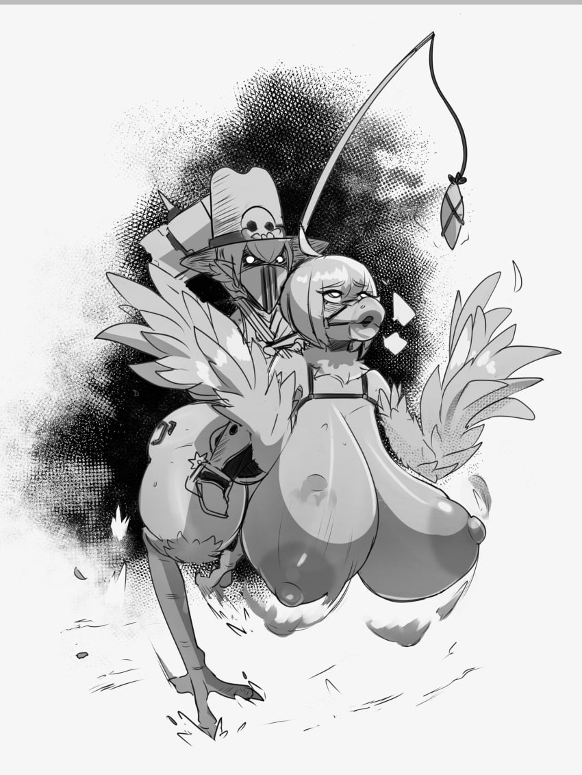 avian avian_feet big_breasts bimbocobo branded breasts duo female final_fantasy gag greyscale grimmy harness harness_gag hi_res huge_breasts humanoid hybrid implied_transformation intelligence_loss monochrome mount muzzle_(object) not_furry square_enix transformation