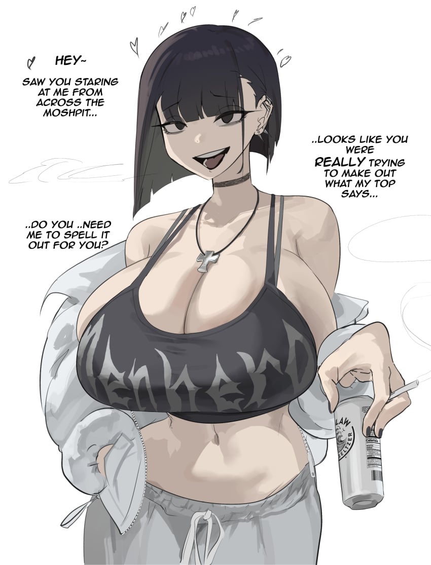 1girls belly belly_button big_breasts black_hair bob_cut booruguru busty cleavage clothed dark_hair english_text female female_only goth goth_(booruguru) goth_girl huge_breasts large_breasts massive_breasts mostly_clothed pale-skinned_female pale_skin small_waist tagme talking_to_viewer text tummy