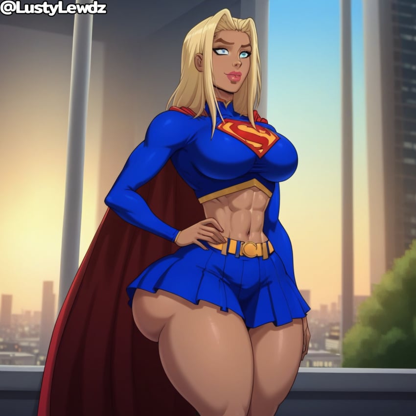 1girls abs belt big_ass bimbo blonde_female blonde_hair bubble_ass bubble_butt cape city crop_top dc dc_comics hourglass_figure kara_zor-el kryptonian long_hair long_sleeves lustylewdz midriff navel skirt snowbunny solo standing supergirl thick toned_female