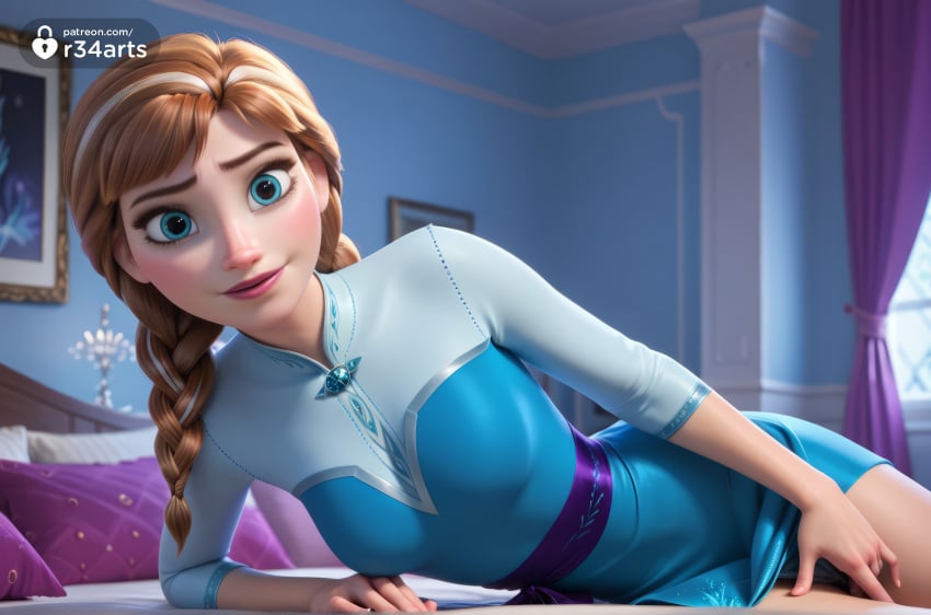 1girls ai_generated anna_(frozen) artist_name bed bedroom blonde_hair blue_dress blue_eyes braid breasts curtains disney disney_princess dress female_masturbation frozen frozen_(film) frozen_2 hair_over_shoulder hi_res indoors lips long_hair looking_at_viewer lying makeup masturbation on_bed on_side panties pillow r34arts single_braid smile solo twin_braids underwear window