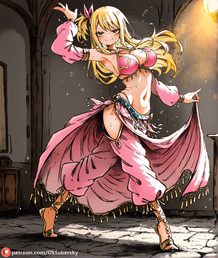 1girls ai_generated belly belly_dancer belly_dancer_outfit dancer_outfit dancing fairy_tail female harem_girl harem_outfit large_breasts loincloth lucy_heartfilia lucy_heartfilia_(belly_dancer) pink_panties pink_topwear silly silly_face solo