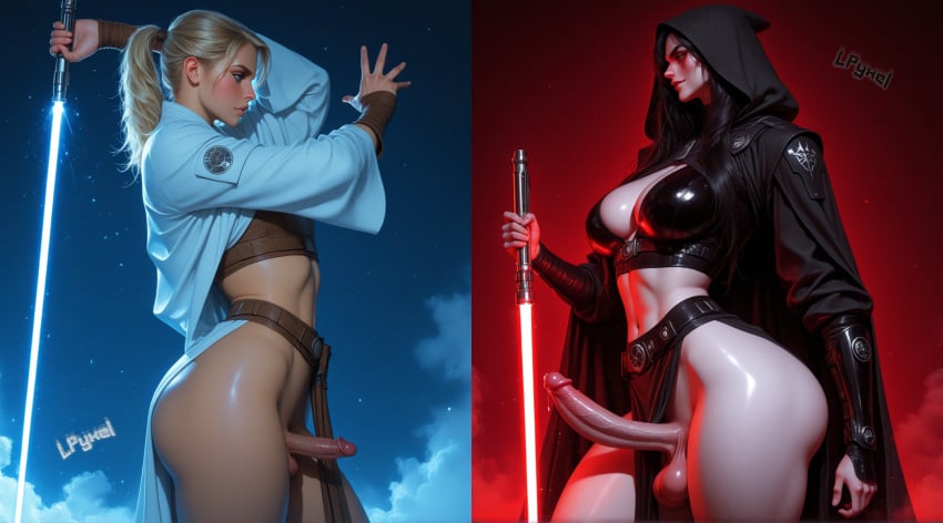 1futa 1male action_pose ai_generated big_ass big_breasts big_penis black_hair blonde_hair blue_eyes clothed clothing erect_penis erection face-off_position face-to-face facing_another femboy fog futanari hi_res highres hood hood_up jedi lightsaber lpyxel mist mood_lighting original penis_out ponytail precum red_eyes self_upload sith small_penis star_wars thick_thighs trap watermark wide_hips widescreen