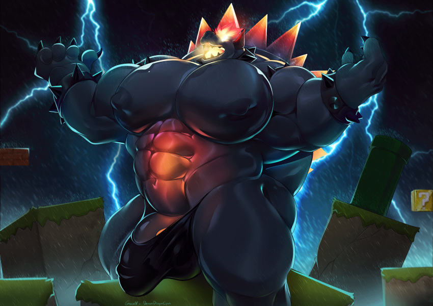 big_penis black_body bowser bowser's_fury bulge claws demondragoncyan erect_nipples fury_bowser horn male male_only mario_(series) muscular muscular_male nintendo nipples pecs penis super_mario_3d_world tail thick_thighs thong underwear vein veiny_penis